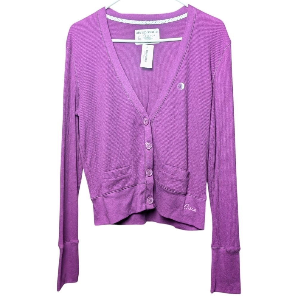 New Aeropostale Womens XL Purple Pink Logo Lightweight Cardigan Sweater Stretch